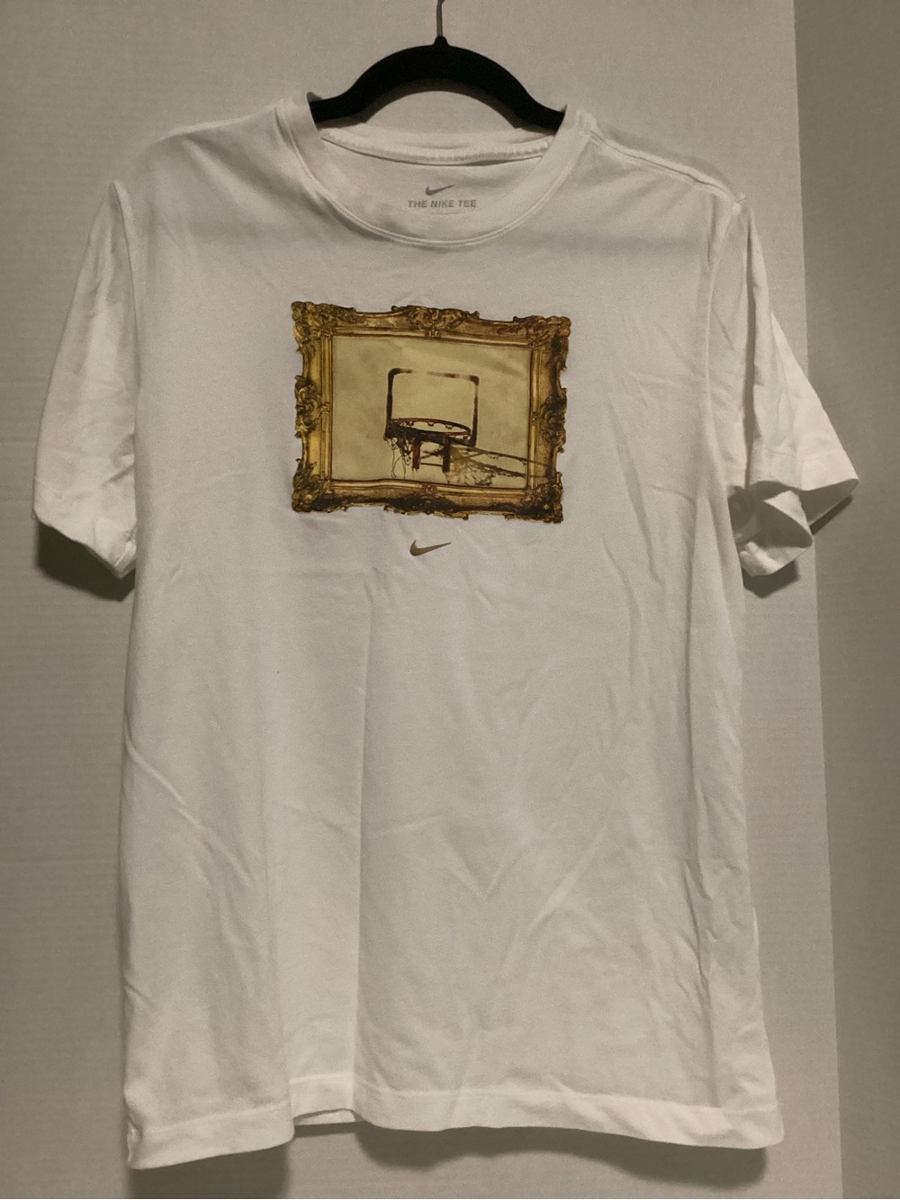 Men’s White Short Sleeve Tee with Gold Frame Basketball Graphic M